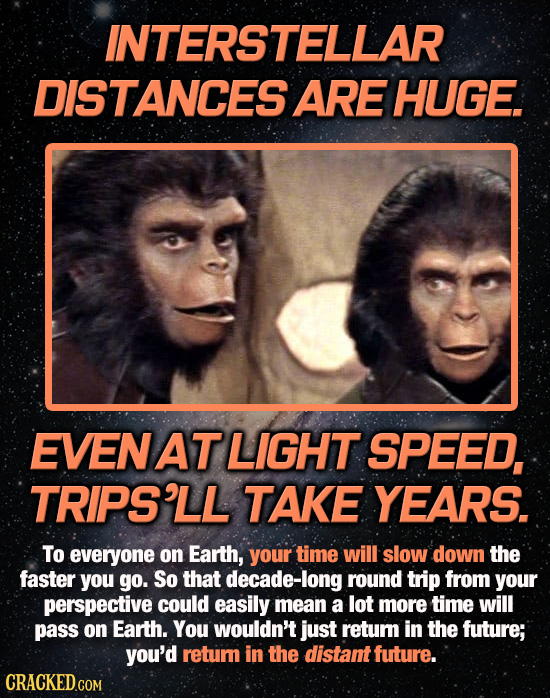 INTERSTELLAR DISTANCES ARE HUGE. AT LIGHT SPEED, TRIPS'LL TAKE YEARS. To everyone on Earth, your time will slow down the faster you go. So that decade