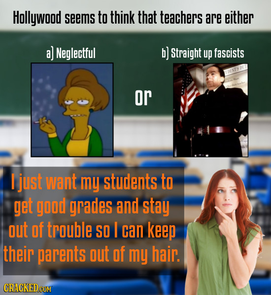 HOLLywood seems to think that teachers are either a] Neglectful B] Straight up fascists or I just want my students to get good grades and stay out of 