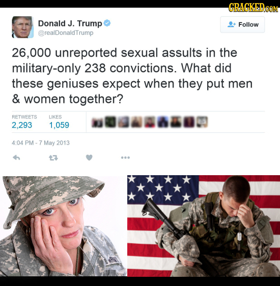 CRAGKED Donald J. Trump Follow @realDonaldTrump 26,000 unreported sexual assults in the military-only 238 convictions. What did these geniuses expect
