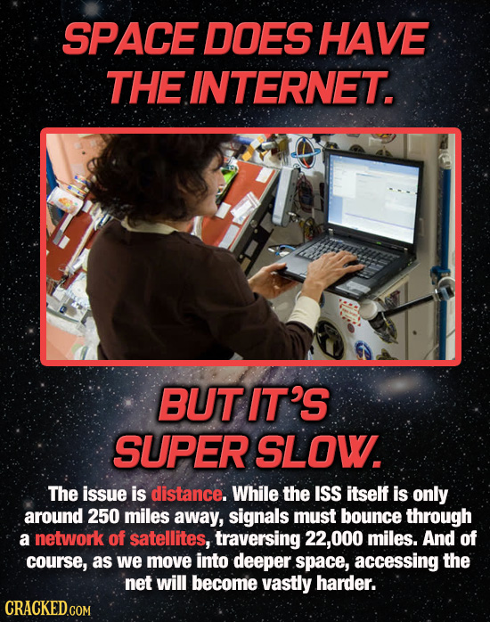 SPACE DOES HAVE THE INTERNET. BUTIT'S SUPER SLOW. The issue is distance. While the ISS itself is only around 250 miles away, signals must bounce throu