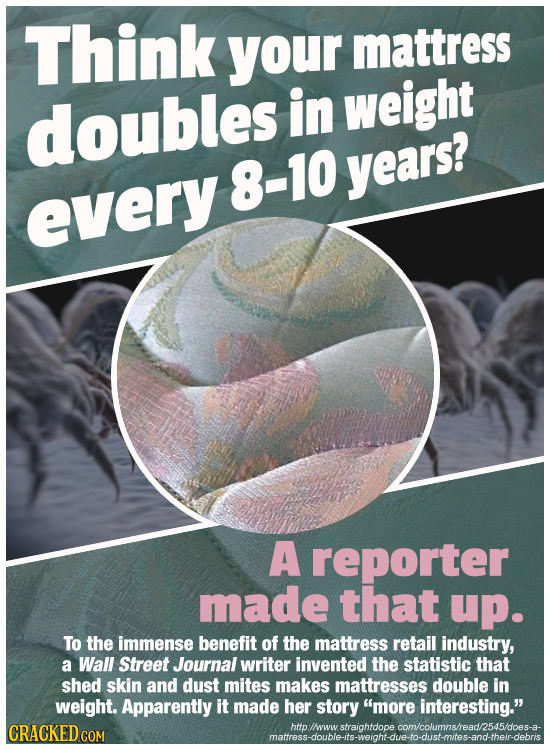 Think your mattress doubles in weight 8-10 years? every A reporter made that up. To the immense benefit of the mattress retail industry, a Wall Street