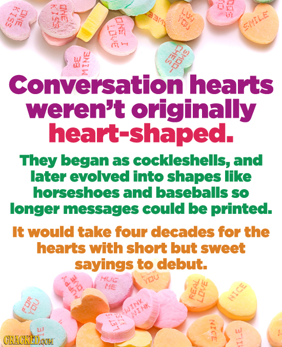 NE K155 LU'y INE. SMILE S SND n L HE 53H3 -DOe Conversationl hearts weren't originally t-shaped. They began as cockleshells, and later evolved into sh