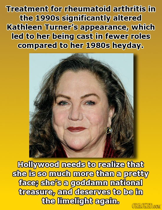 Treatment for rheumatoid arthritis in the 1990s significantly altered Kathleen Turner's appearance, which led to her being cast in fewer roles compare