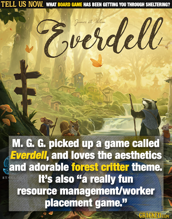TELL US NOW. WHAT BOARD GAME HAS BEEN GETTING YOU THROUGH SHELTERING? Everdell Janes a Wilsiore M. G. G. picked up a game called Everdell, and loves t
