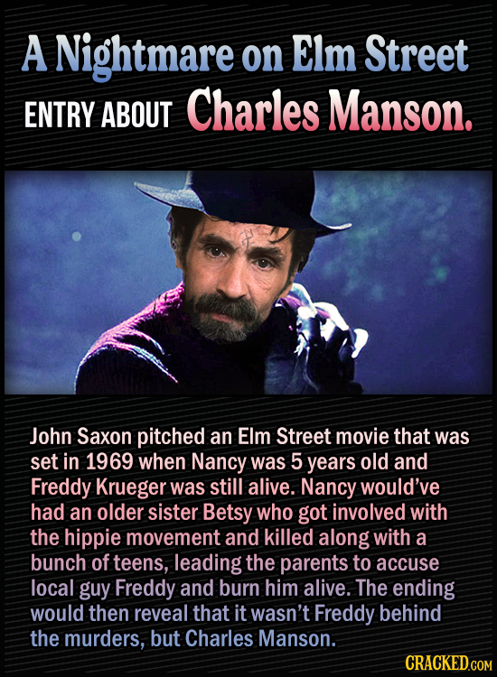 15 Bonkers Movie Sequels We Almost Got - A Nightmare on Elm Street entry about Charles Manson
John Saxon pitched an Elm Street movie that was set in 1
