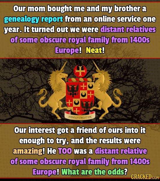 Our mom bought me and my brother a genealogy report from an online service one year. It turned out we were distant relatives of some obscure royal fam