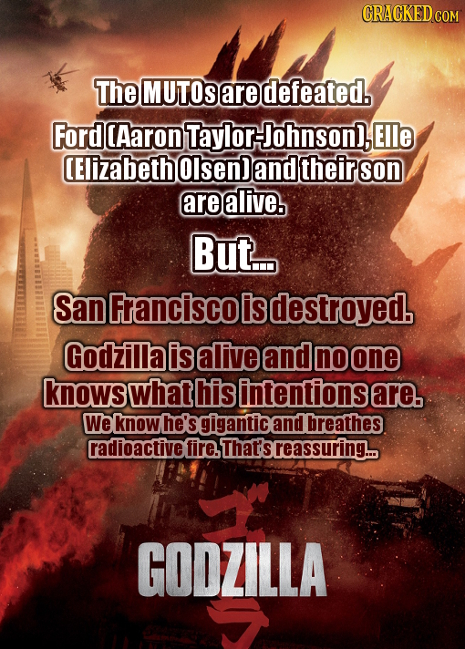 CRACKED COM The MUTOS are defeated. Ford Aaron Taylor Johnson), Elle (Elizabeth Olsen) and their son are alive. But... San Franciscol is destroyed. Go