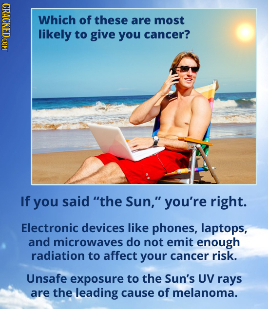GRAO Which of these are most likely to give you cancer? If you said the Sun, you're right. Electronic devices like phones, laptops, and microwaves d