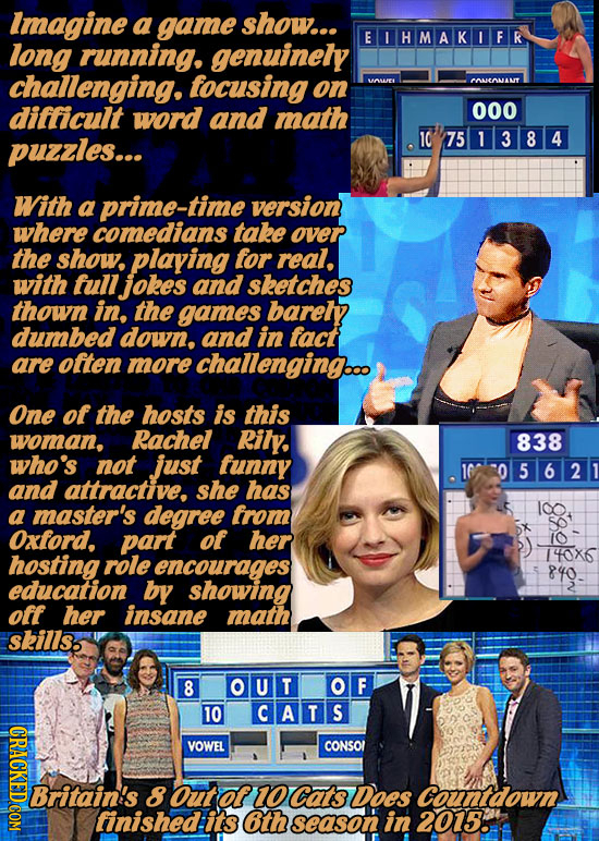 Imagine a game show... EIHMAKIFR long running. genuinely challenging. tocusing on VwE PenANT difficult word and math 000 puzzles... 10 751384 With a p