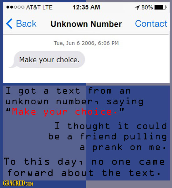 .000 AT&T LTE 12:35 AM 80% Back Unknown Number Contact Tue, Jun 6 2006, 6:06 PM Make your choice. I got a text from an unknown number, saying Make yo