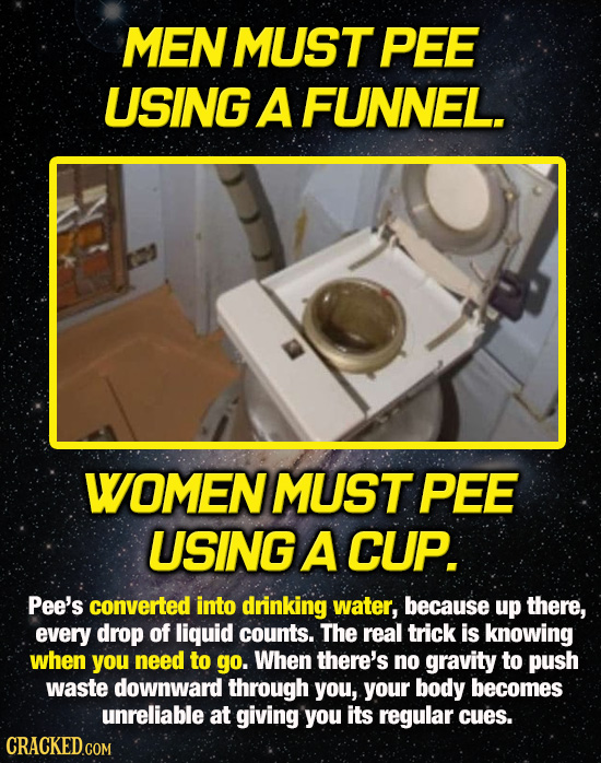 MEN MUST PEE USING A FUNNEL. WOMEN MUST PEE USING A CUP. Pee's converted into drinking water, because up there, every drop of liquid counts. The real