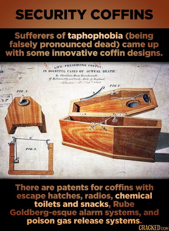SECURITY COFFINS Sufferers of taphophobia (being falsely pronounced dead) came up with some innovative coffin designs. PRESERVING COFFIn, UIF'E IN DOU