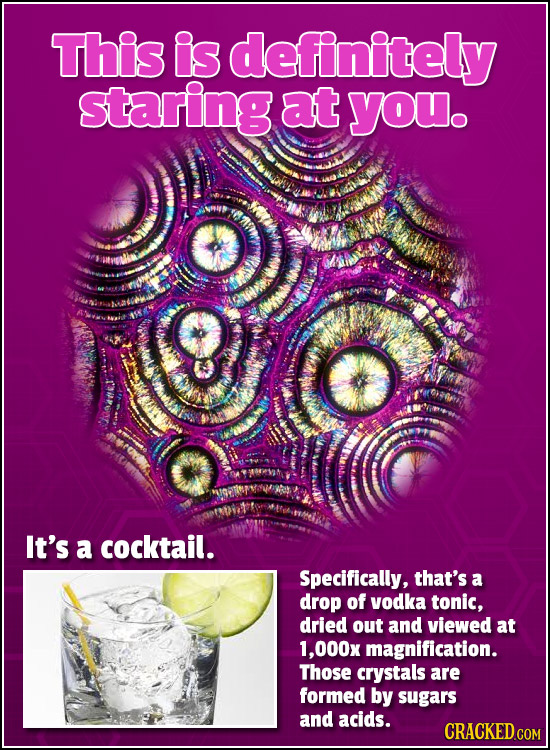 This is definitely staring at you. It's a cocktail. Specifically, that's a drop of vodka tonic, dried out and viewed at 1.000x magnification. Those cr