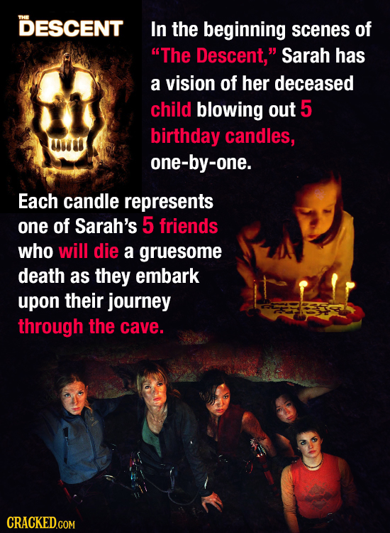 DESCENT In the beginning scenes of The Descent, Sarah has a vision of her deceased child blowing out 5 birthday candles, U one-by-one. Each candle r