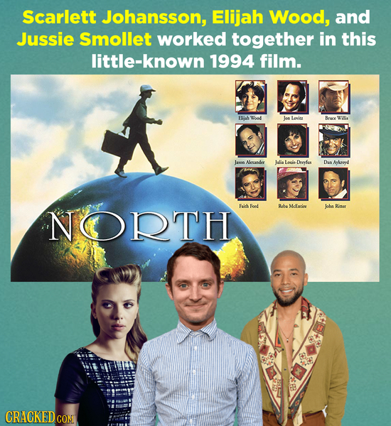 Scarlett Johansson, Elijah Wood, and Jussie Smollet worked together in this little-known 1994 film. ESjah Woad Joe lewie Bruce Willis Jasen Alesuander