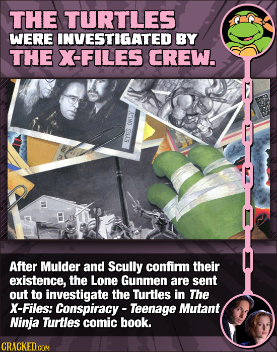 THE TURTLES WERE INVESTIGATED BY THE XFILES CREW. ONLY EYES After Mulder and Scully confirm their existence, the Lone Gunmen are sent out to investiga