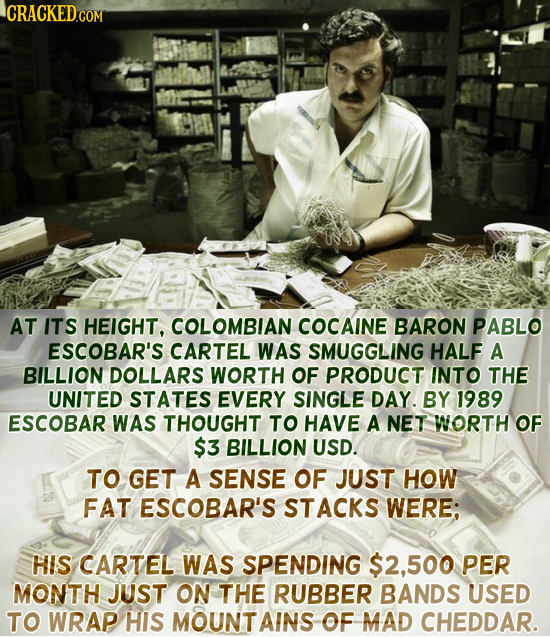 AT ITS HEIGHT. COLOMBIAN COCAINE BARON PABLO ESCOBAR'S CARTEL WAS SMUGGLING HALF A BILLION DOLLARS WORTH OF PRODUCT INTO THE UNITED STATES EVERY SINGL