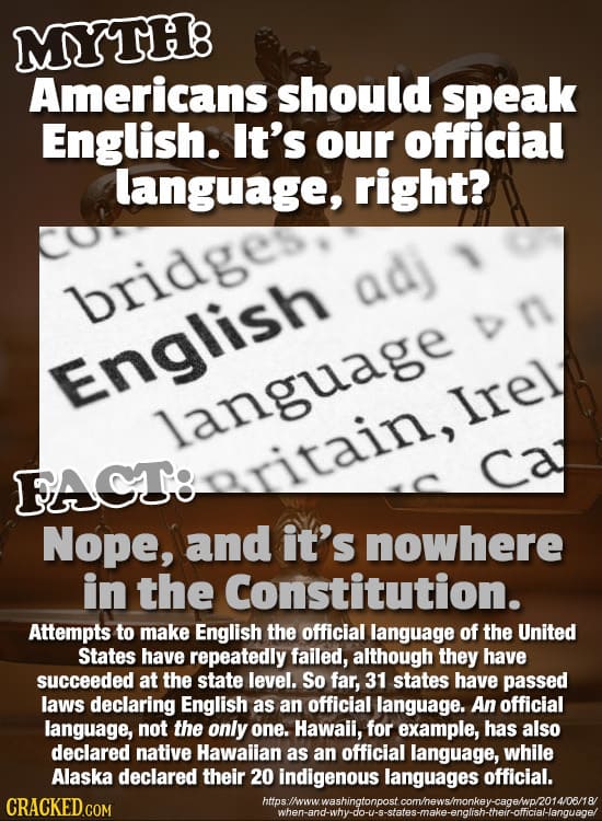 MYTH8 Americans should speak English. It's our official language, right? bridges adj n English Irel language FACTaritain, nritain, ca Nope, and it's n