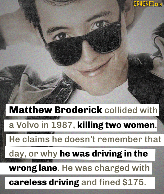 Matthew Broderick collided with a Volvo in 1987, killing two women. He claims he doesn't remember that day, or why he was driving in the wrong lane. H