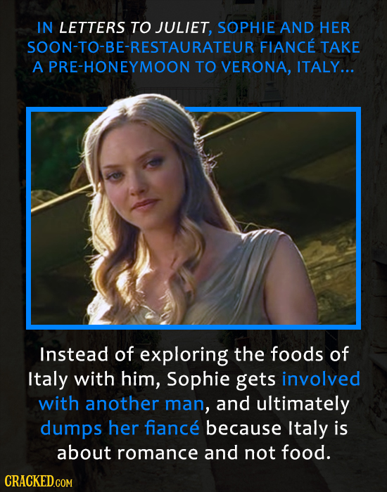 IN LETTERS TO JULIET, SOPHIE AND HER SOON-TO-BE-RESTAURATEUR FIANCE TAKE A PRE-HONEYMOON TO VERONA, ITALY... Instead of exploring the foods of Italy w