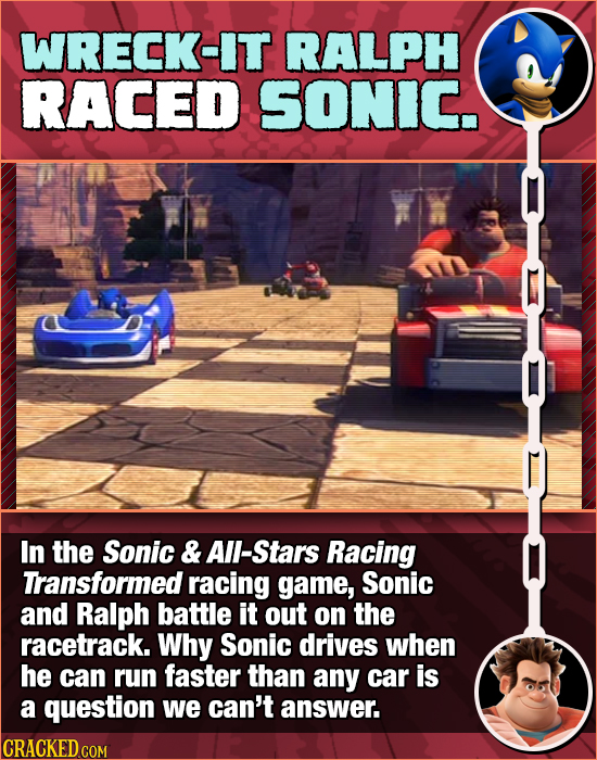 WRECK-IT RALPH RACED SONIC. In the Sonic & All-Stars Racing Transformed racing game, Sonic and Ralph battle it out on the racetrack. Why Sonic drives