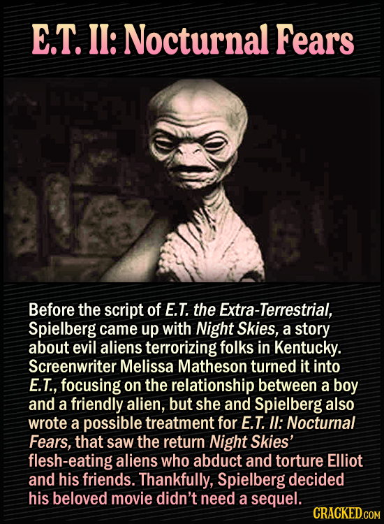 15 Bonkers Movie Sequels We Almost Got - E.T. II: Nocturnal Fears
Before the script of E.T. the Extra-Terrestrial, Spielberg came up with Night Skies,