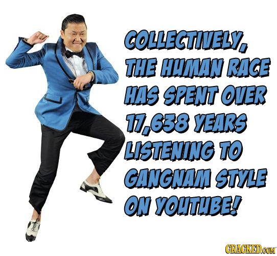 COLLECTIVELY, THE HUMAN RACE HAS SPENT OVER 17.638 YEARS LISTENING TO GANGNAM STyLe ON YOUTUBE! CRACKEDOON 