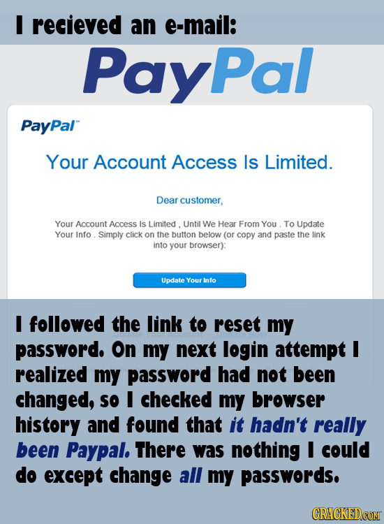 I recieved an e-mail: PayPal PayPal Your Account Access Is Limited. Dear customer, Your Account AcceSs Is Limited. Until We Hear From You To Update Yo