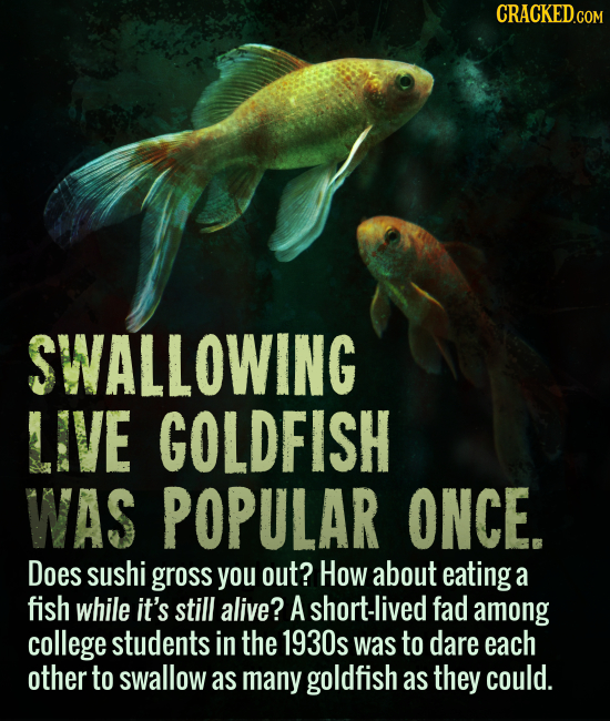 CRACKED.COM SWALLOWING LIVE GOLDFISH WAS POPULAR ONCE. Does sushi gross you out? How about eating a fish while it's still alive? A short-lived fad amo