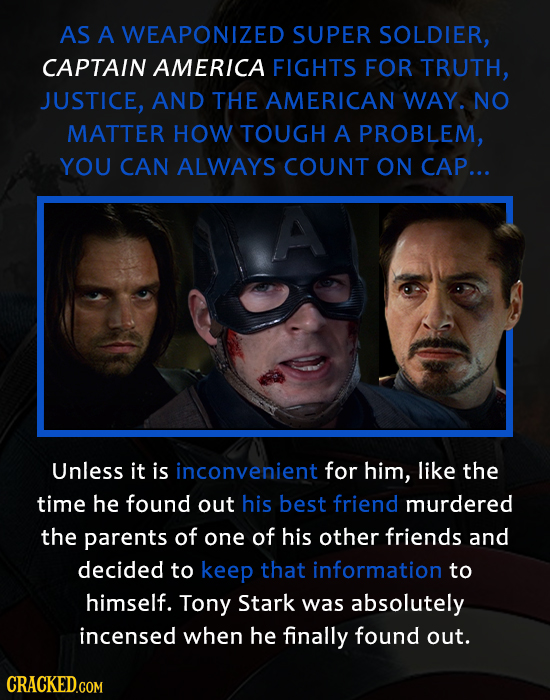 AS A WEAPONIZED SUPER SOLDIER, CAPTAIN AMERICA FIGHTS FOR TRUTH, JUSTICE, AND THE AMERICAN WAY. NO MATTER HOW TOUGH A PROBLEM, YOU CAN ALWAYS COUNT ON
