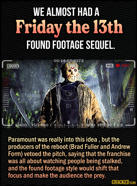15 Bonkers Movie Sequels We Almost Got - We almost had a Friday the 13th found footage sequel - Paramount was really into this idea , but the producer