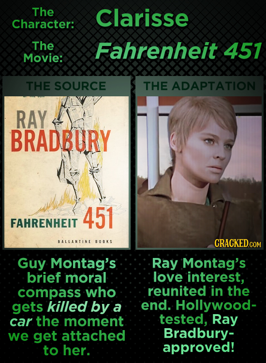 The Clarisse Character: The Fahrenheit 457 Movie: THE SOURCE THE ADAPTATION RAY BRADBURY 451 FAHRENHEIT BALLANTINE BOOKS CRACKED Guy Montag's Ray Mont