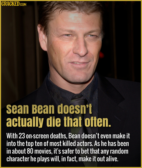 sean Bean doesn't actually die that often. With 23 on-screen deaths, Bean doesn't even make it into the top ten of most killed actors. As he has been