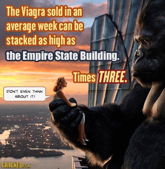 The Viagra sold in an average week can be stacked as high as the Empire State Building. Times THREE. DON'T EVEN THINK ABOUT IT! 