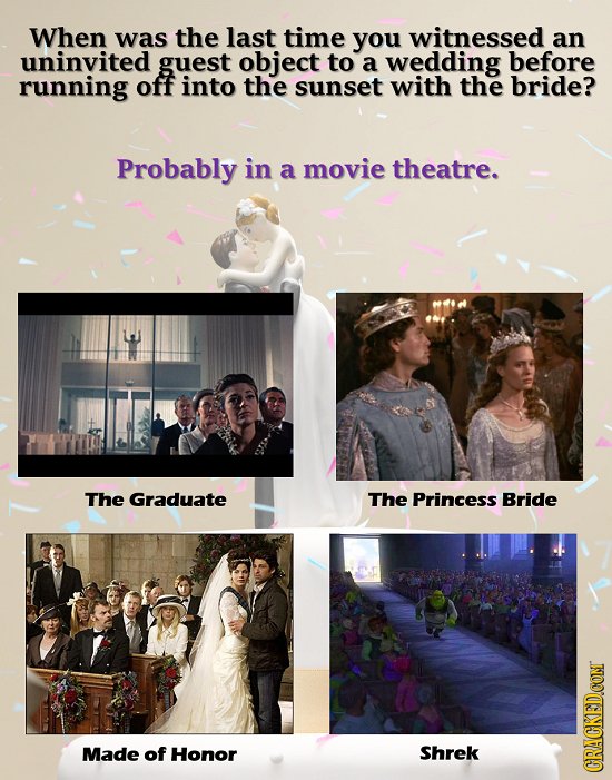 When was the last time you witnessed an uninvited guest object to a wedding before running off into the sunset with the bride? Probably in a movie the