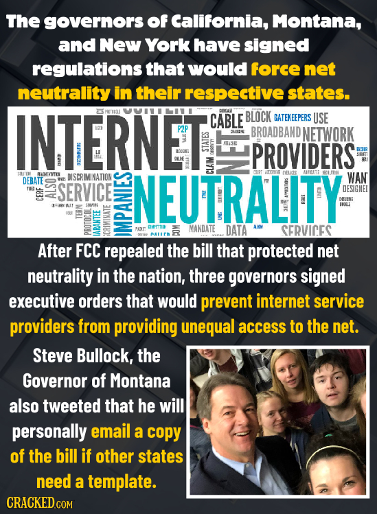 The governors of California, Montana, and New York have signed regulations that would force net neutrality in their respective states. INTERNET. ESPET