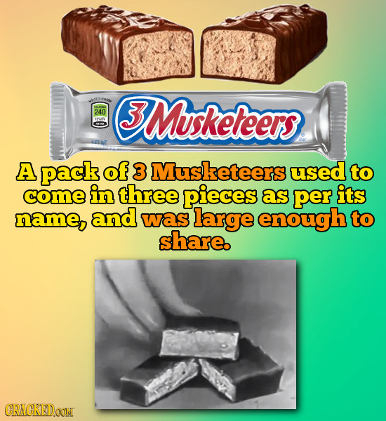 Musketeers 240 A pack of 3 Musketeers used to come in three pieces as per its name, and was large enough to share. CRACKED.OON
