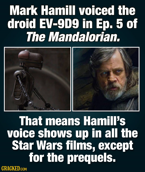 Mark Hamill voiced the droid EV-9D9 in Ep. 5 of The Mandalorian. That means Hamill's voice shows up in all the Star Wars films, except for the prequel