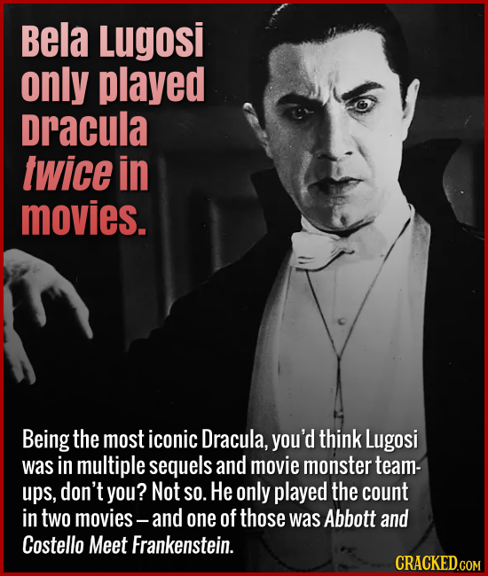 Bela Lugosi only played Dracula twice in movies. Being the most iconic Dracula, you'd think Lugosi was in multiple sequels and movie monster team-ups