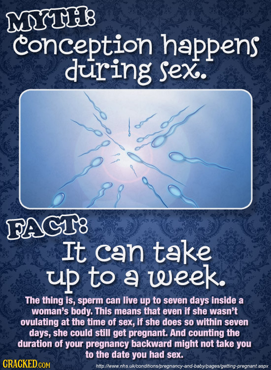 MYTH8 conception happens during Sex. FACT8 It can take up to a week. The thing is, sperm can live up to seven days inside a woman's body. This means t