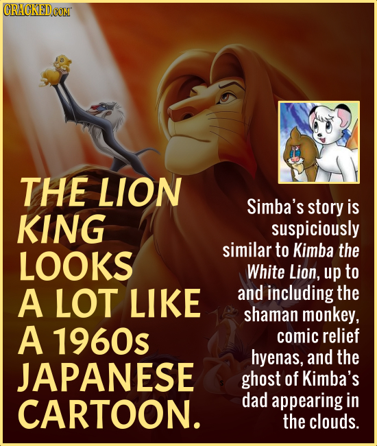 THE LIon Simba's story is KING suspiciously LOOKS similar to Kimba the White Lion, up to A LOT LIKE and including the shaman monkey, A 1960s comic rel