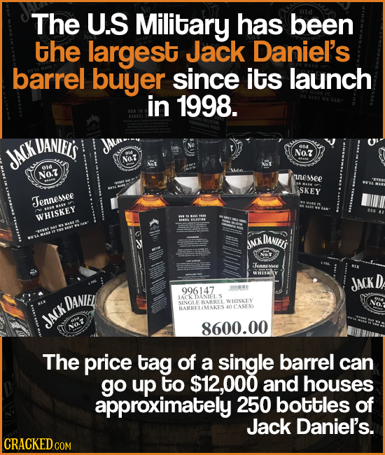 The U.S Military HaS been the largest Jack Daniel's barrel buyer since its launch in 1998. UANIFIS O1d JACK NO.7Z N07 Oid NO.Z uessee SKEY Jernessee W