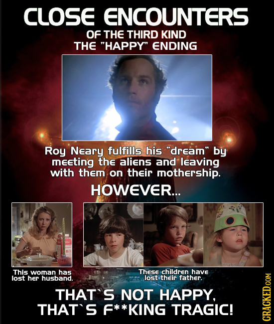 CLOSE ENCOUNTERS Of THE THIRD KIND THE HAPPY ENDING Roy Neary fulfills his dream by meeting the aliens and leaving with them on their mothership.