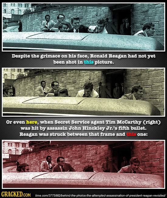 Despite the grimace on his face, Ronald Reagan had not yet been shot in this picture. Or even here, when Secret Service agent Tim McCarthy (right) was