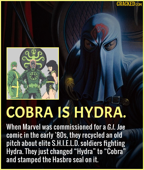 COBRA IS HYDRA. When Marvel was commissioned for a G.I. Joe comic in the early '80s, they recycled an old pitch about elite S.H.I.E.L.D. soldiers figh