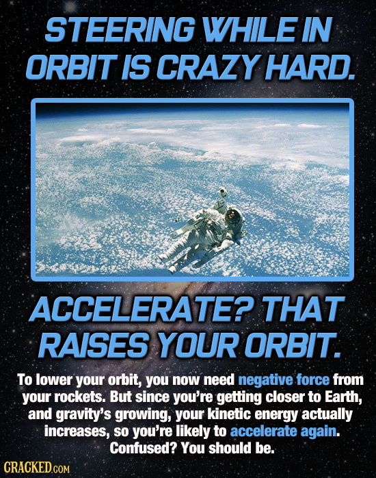 STEERING WHILE IN ORBIT IS CRAZY HARD. ACCELERATE? THAT RAISES YOUR ORBIT. To lower your orbit, you now need negative force from your rockets. But sin