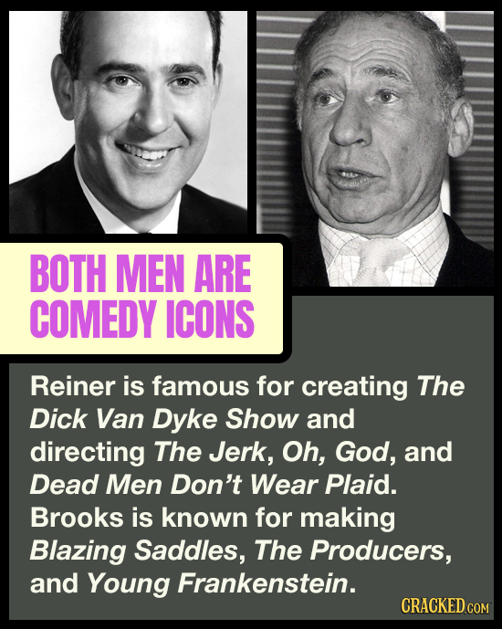 BOTH MEN ARE COMEDY ICONS Reiner is famous for creating The Dick Van Dyke Show and directing The Jerk, Oh, God, and Dead Men Don't Wear Plaid. Brooks
