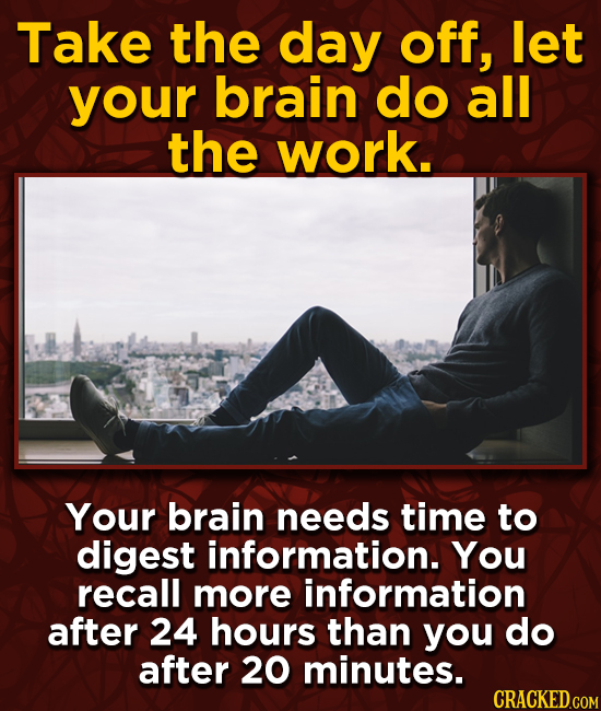 Take the day off, let your brain do all the work. Your brain needs time to digest information. You recall more information after 24 hours than you do