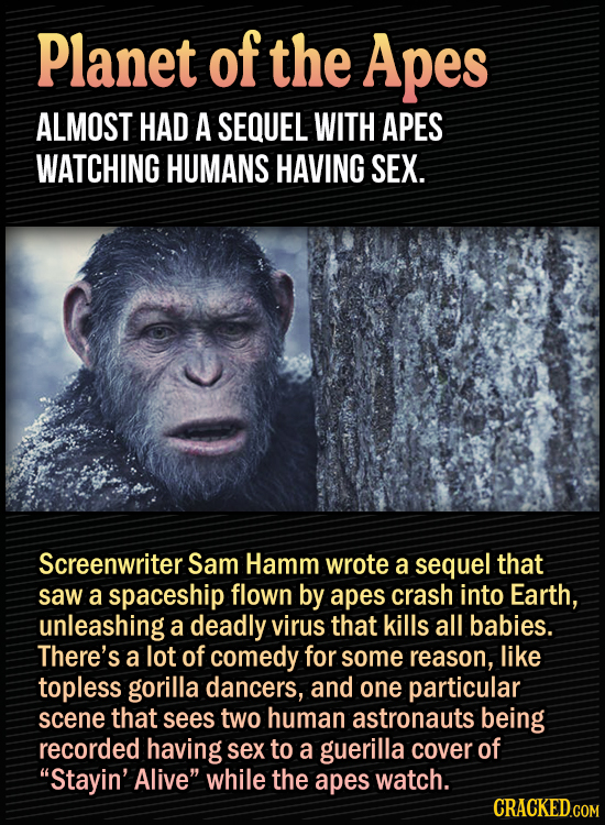 15 Bonkers Movie Sequels We Almost Got - Planet of the Apes almost had a sequel with apes watching humans having sex.
Screenwriter Sam Hamm wrote a se