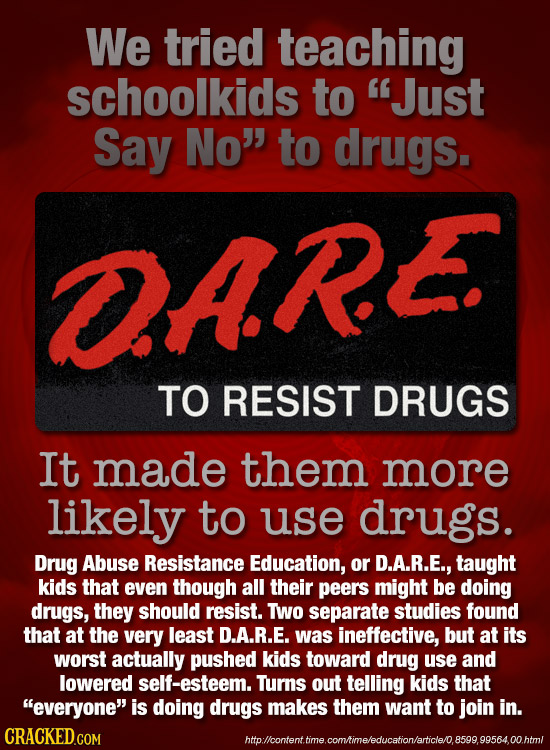We tried teaching schoolkids to Just Say No to drugs. DARE TO RESIST DRUGS It made them more likely to use drugs. Drug Abuse Resistance Education, o